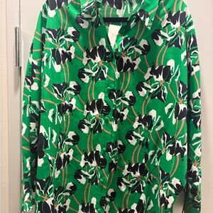 Diane Von Furstenberg Iris Green Printed Button-Up Top